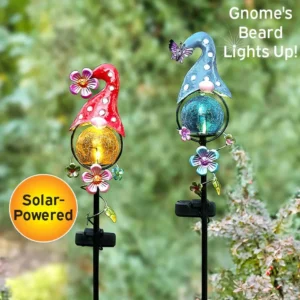 Solar LED Gnome Garden Stake Red with Flower or Blue with Butterfly