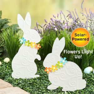Easter Bunny Stake White With Solar Flowers Sitting Or Standing